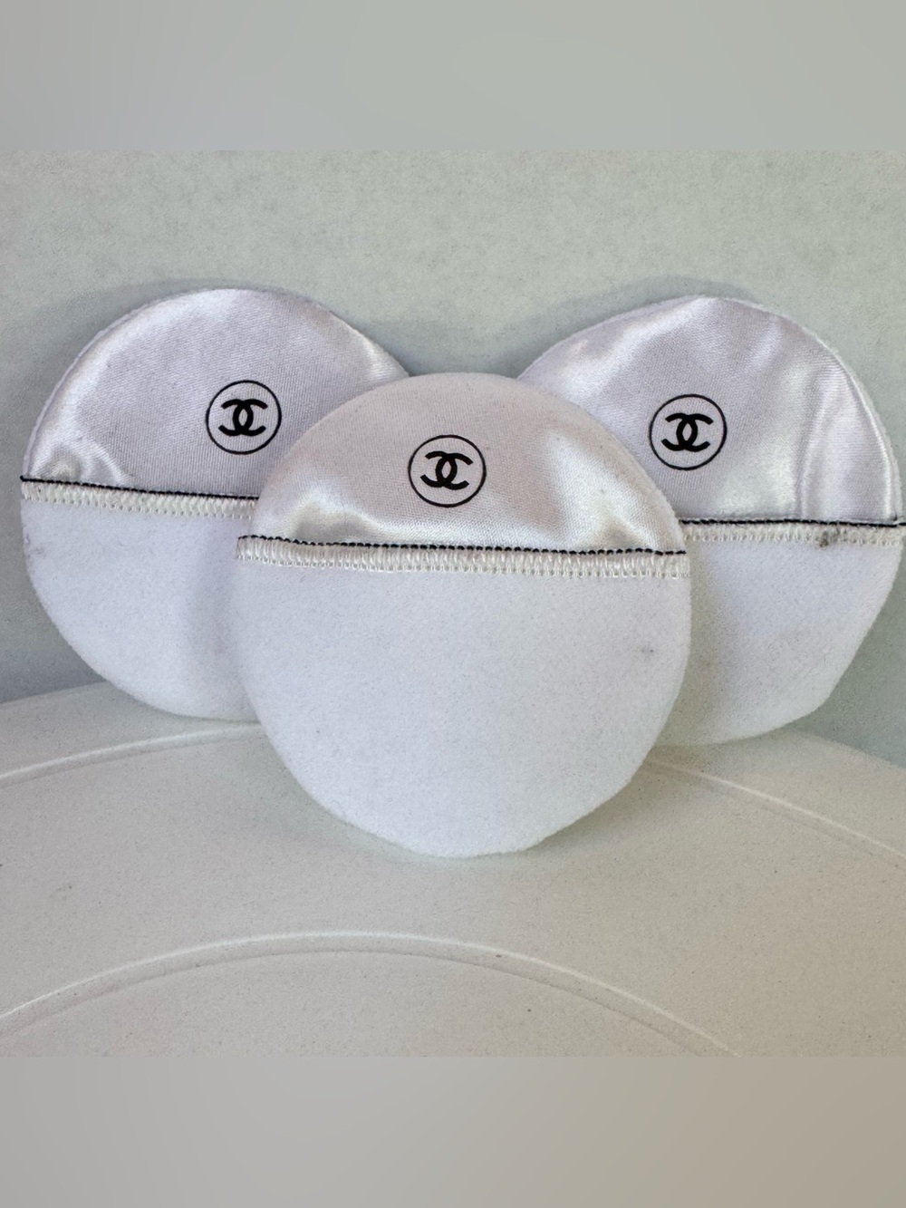 CHANEL White Satin and Velvet Makeup Puffs - Set of 3